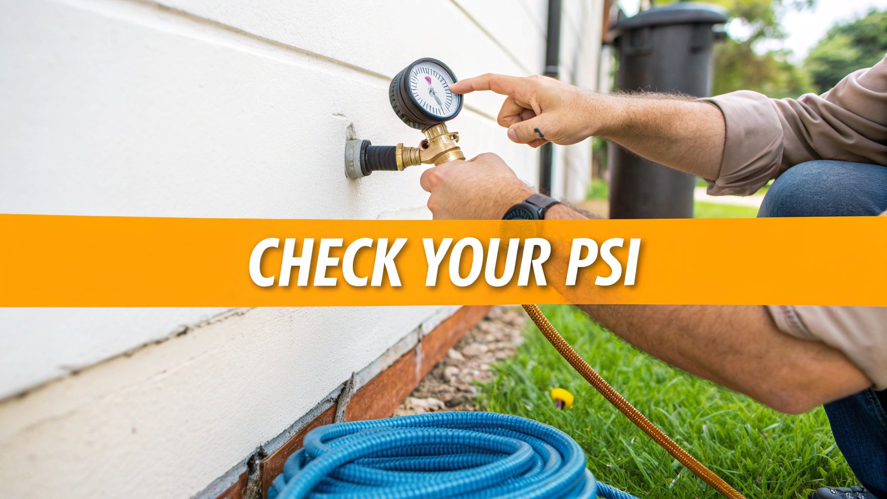 A person checks water pressure with a gauge on an outdoor spigot next to a coiled garden hose.