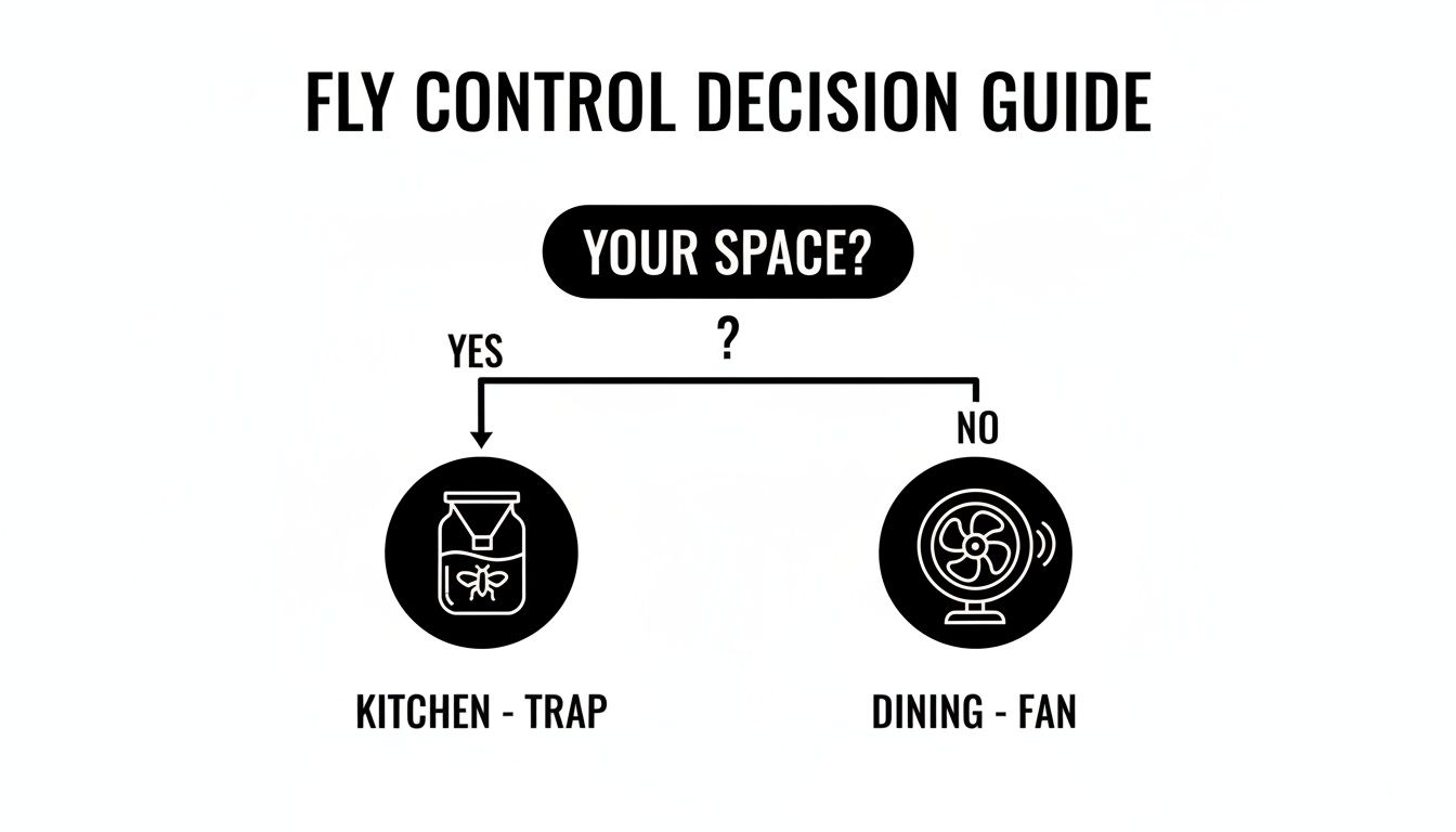 Fly control decision guide: Kitchen trap for 'your space?' yes, dining fan for no.