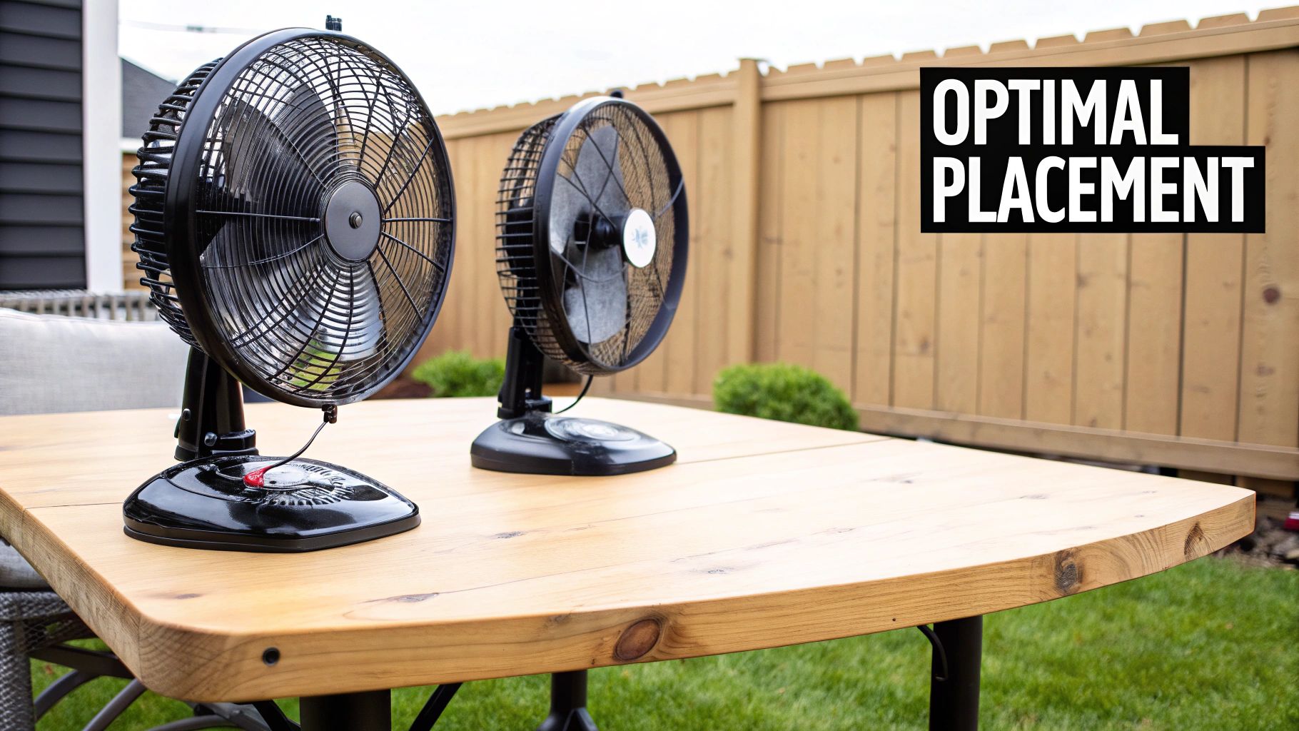 A person placing a bug off fan on a beautifully set outdoor table.