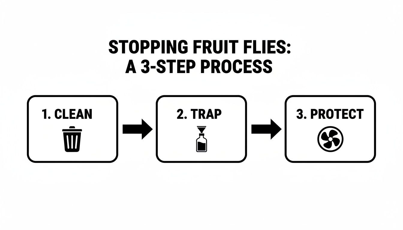 A diagram illustrating a 3-step process to stop fruit flies: clean, trap, and protect.