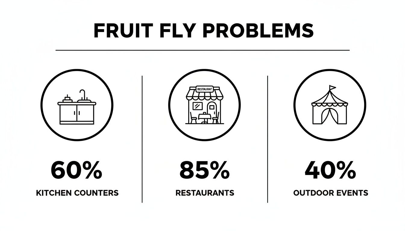 Infographic showing fruit fly problem percentages in kitchen counters (60%), restaurants (85%), and outdoor events (40%).