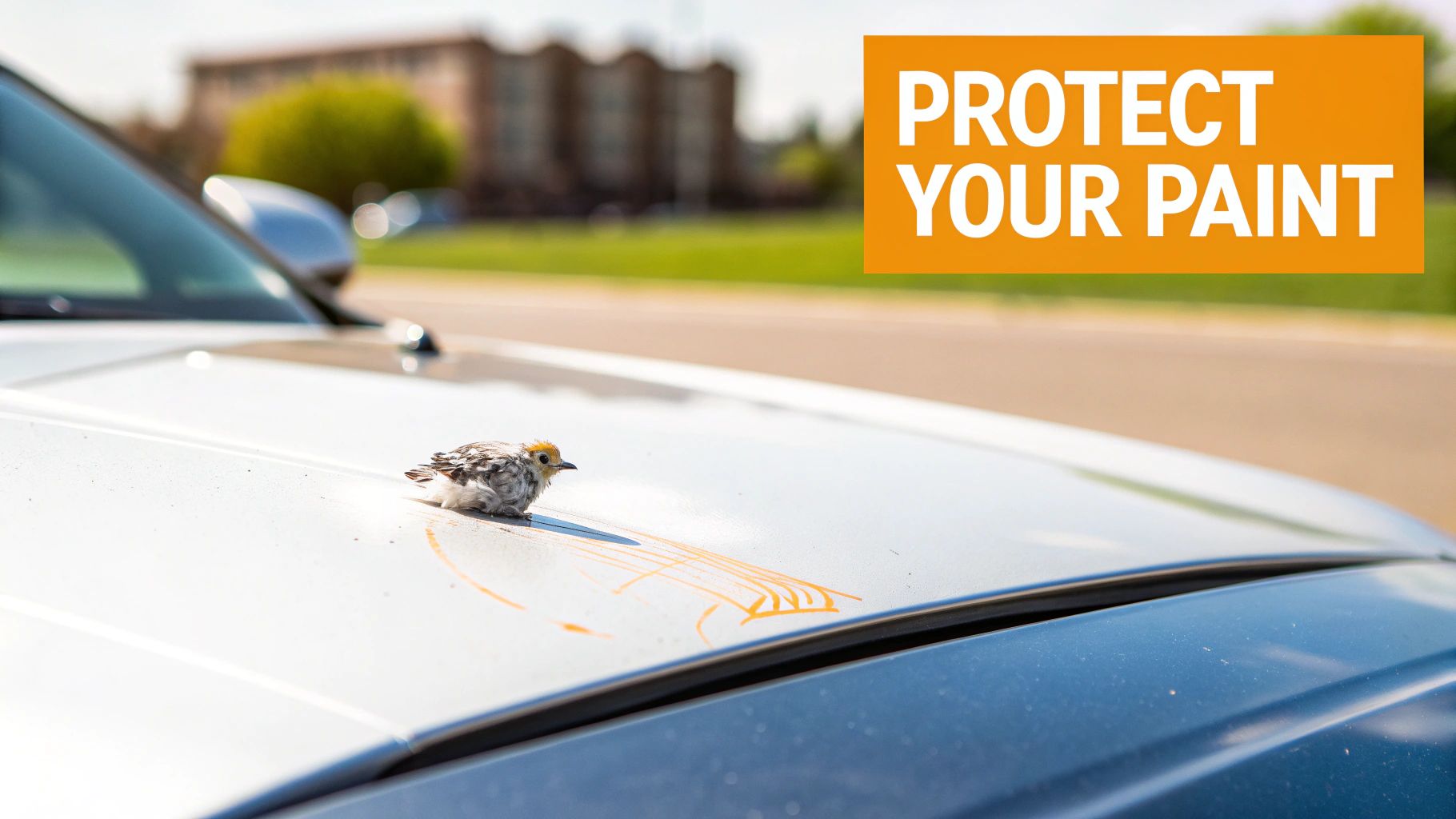 A close-up of a white car's hood with a large, fresh bird dropping on it.