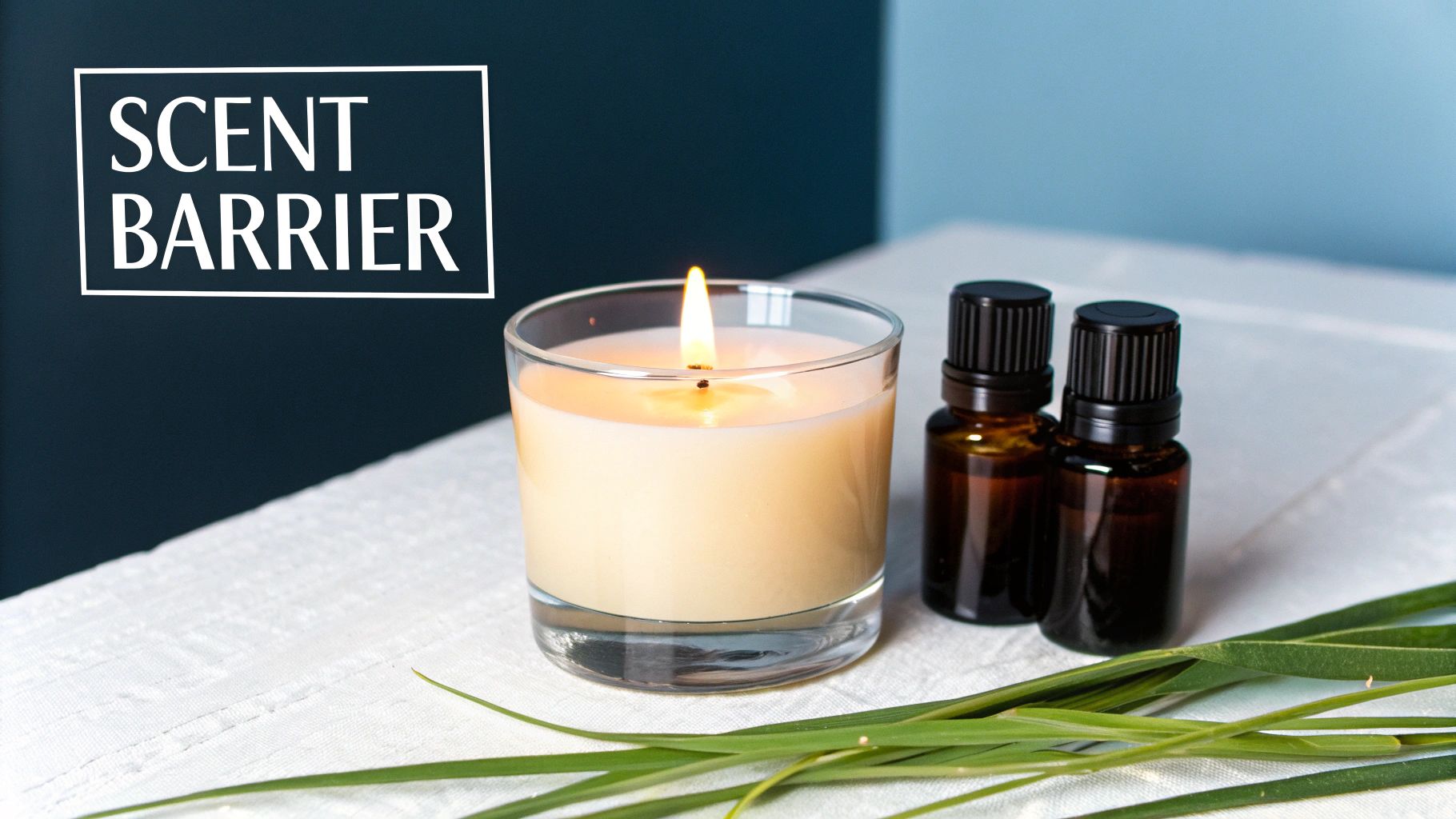 A lit candle, two amber essential oil bottles, and green leaves on a table, with 'SCENT BARRIER' text.
