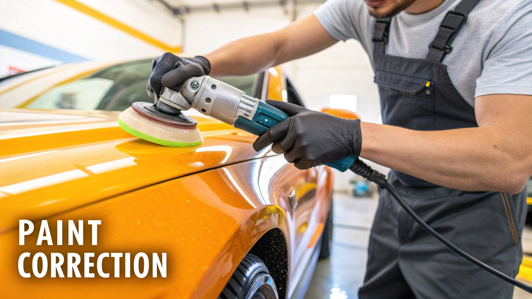 Person in gloves polishing the orange paint of a car for paint correction.