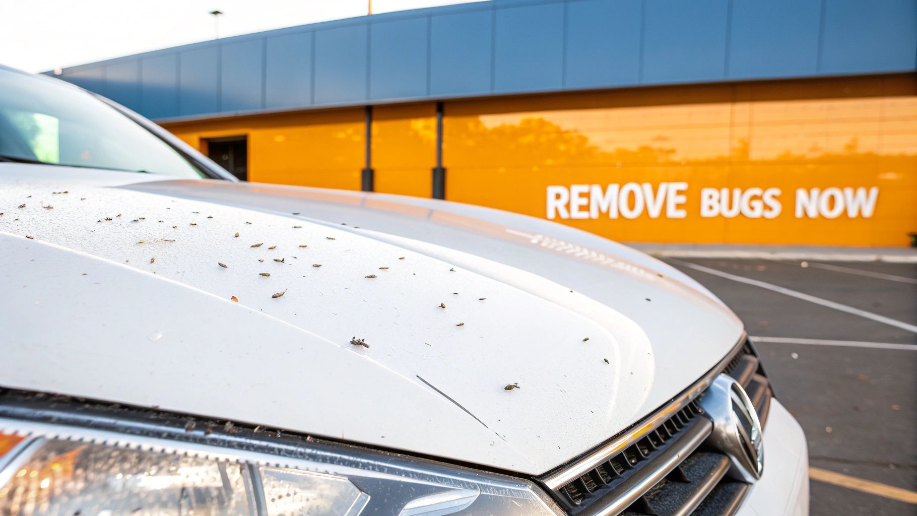 White car hood covered with bug splatter in front of remove bugs now billboard sign
