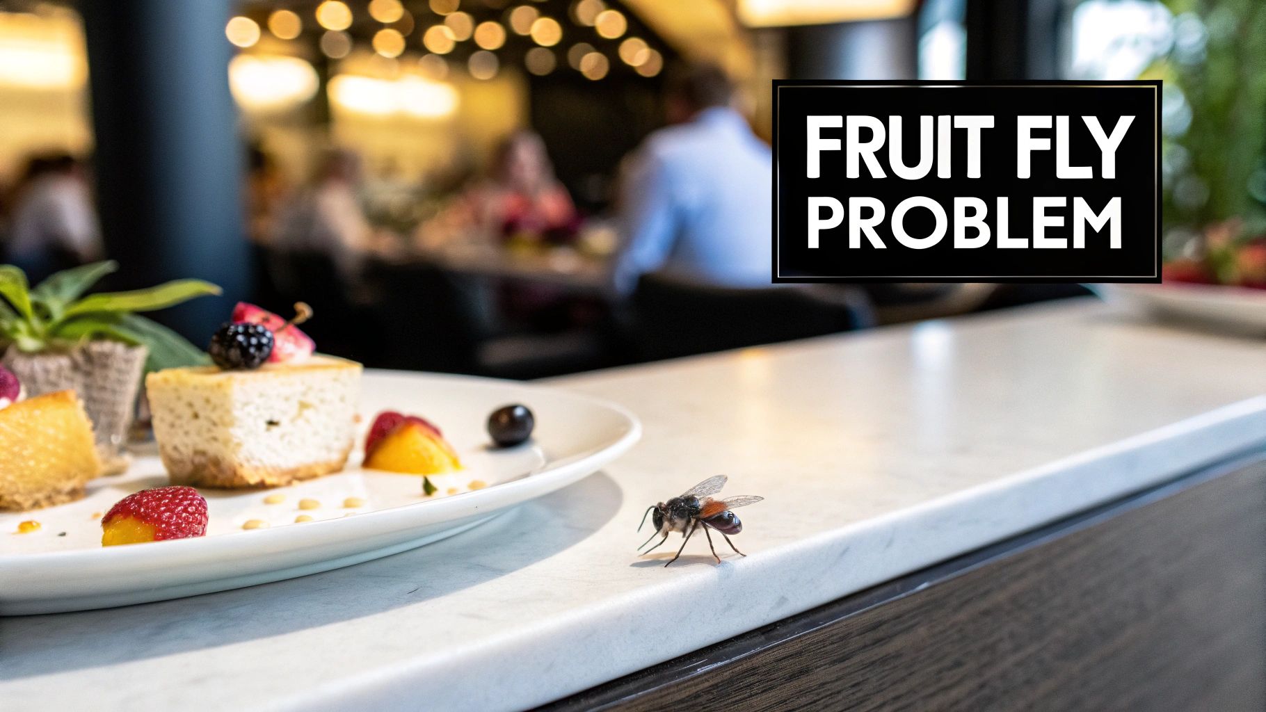 A fly on a white marble counter next to a dessert plate in a restaurant, with 'FRUIT FLY PROBLEM' text.