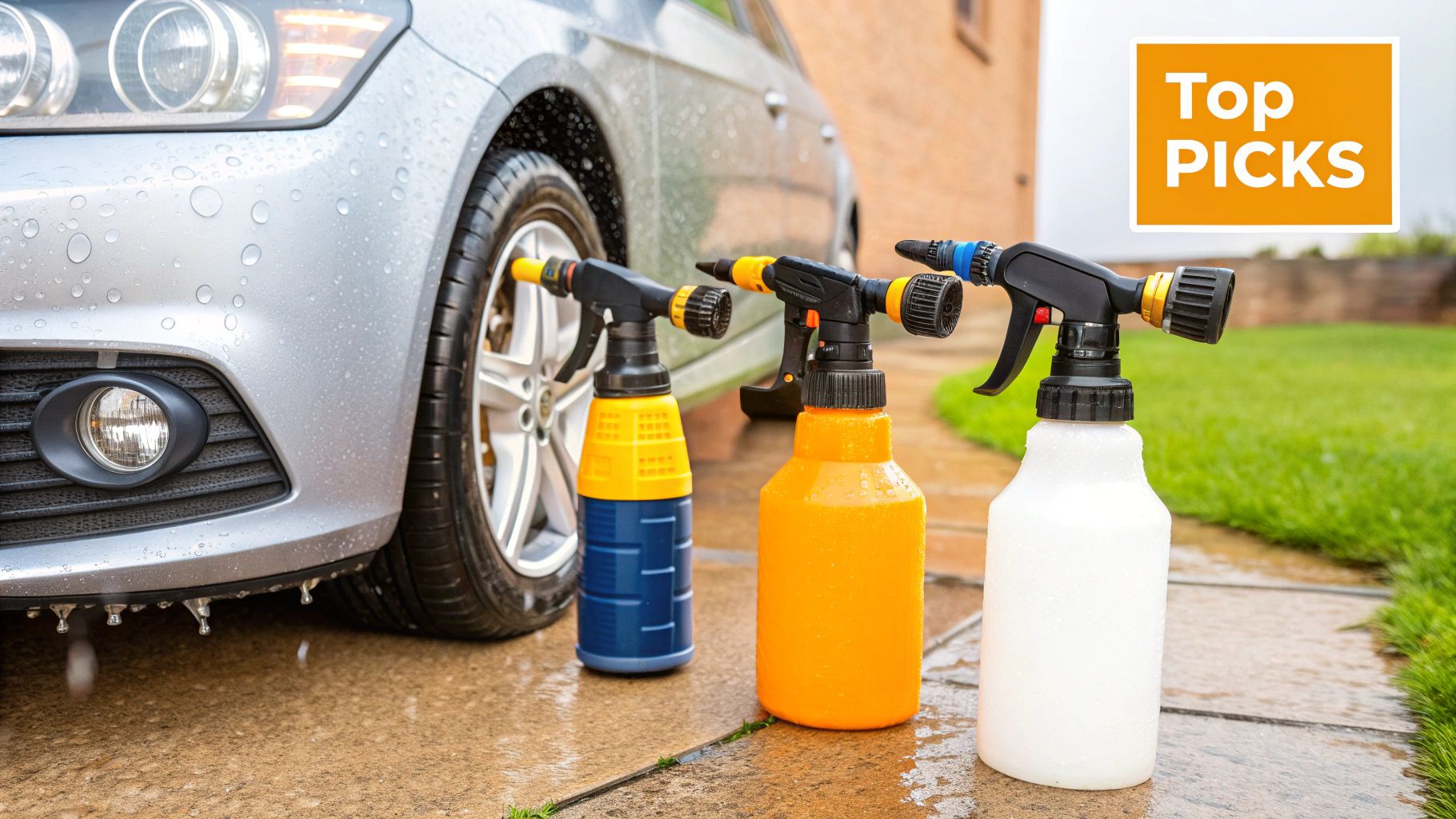 A person using a foam cannon to cover a black car in thick white soap suds.