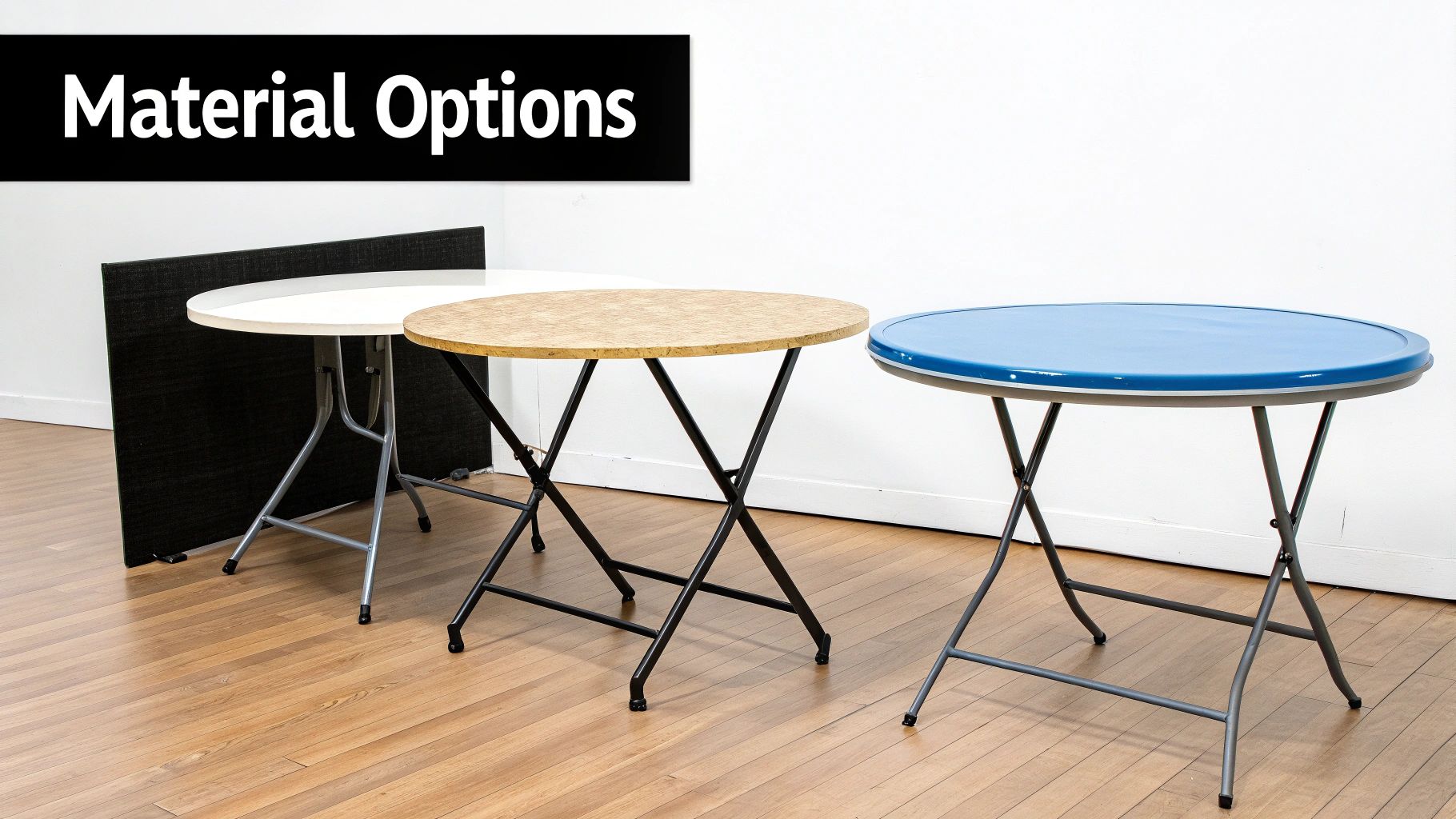 Three round folding tables demonstrating different material options: white, wood, and blue tabletops.