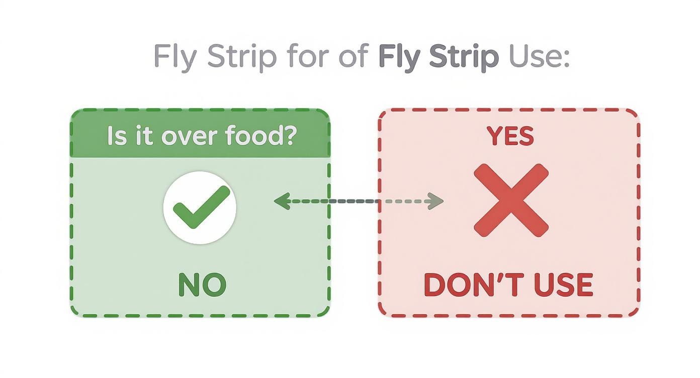 Flowchart advising on fly strip usage: "Is it over food?" If NO, it's okay. If YES, don't use.