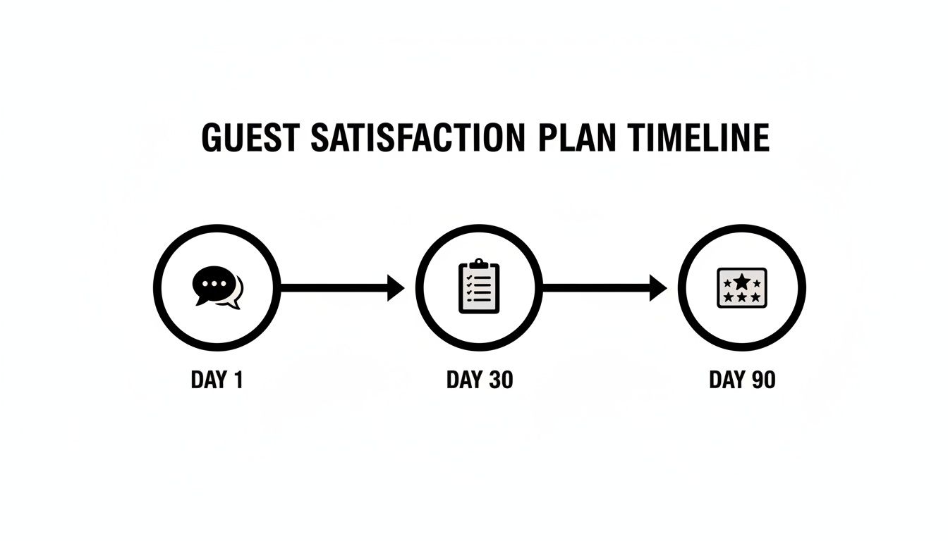 A guest satisfaction plan timeline showing steps for feedback, review, and ratings over 90 days.