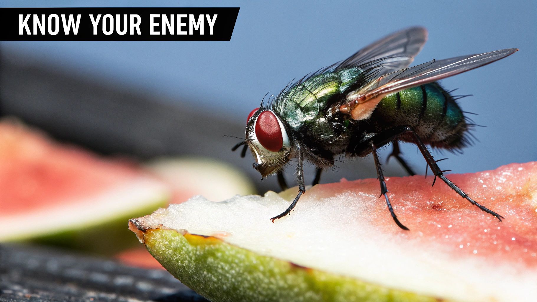 Two common flies, a larger house fly and a smaller fruit fly, are shown on a surface to illustrate the different pests restaurants face.