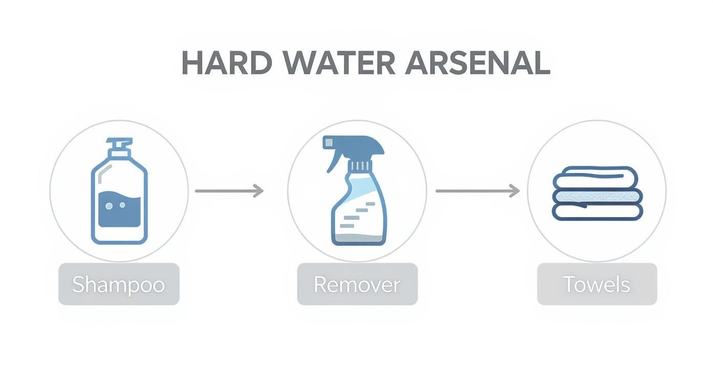 A visual guide showing products used for hard water treatment: shampoo, remover spray, and towels.