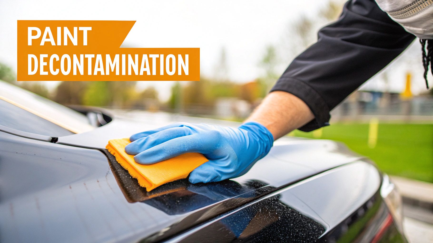 A person in blue gloves is using an orange scrubbing pad to decontaminate a black car's paint.