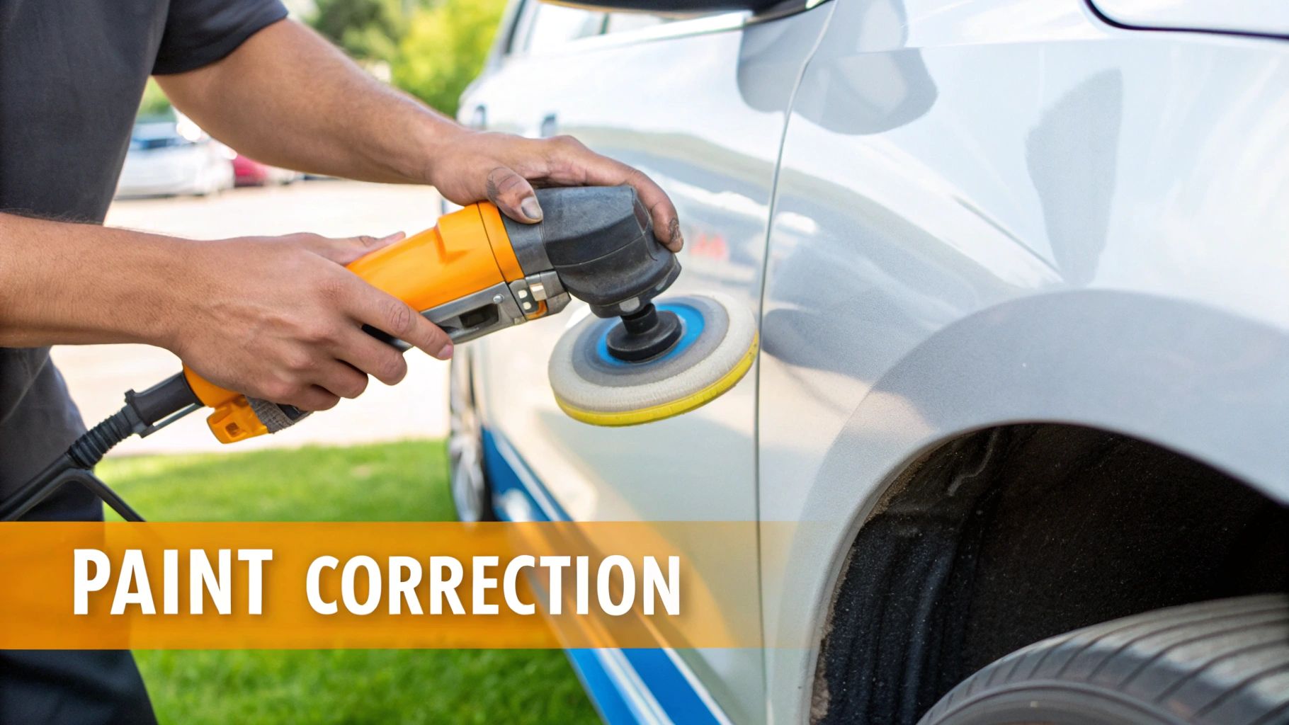 A professional detailer using an orbital polisher on a black car to remove swirl marks and restore the paint's gloss.