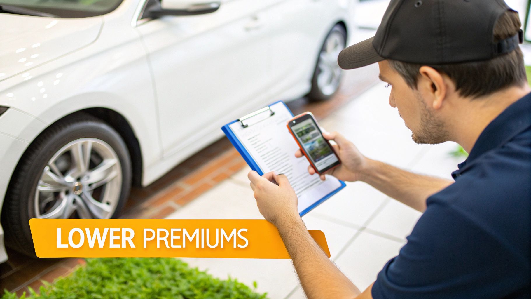 A person in a cap and blue shirt inspects a white car, holding a clipboard and smartphone.