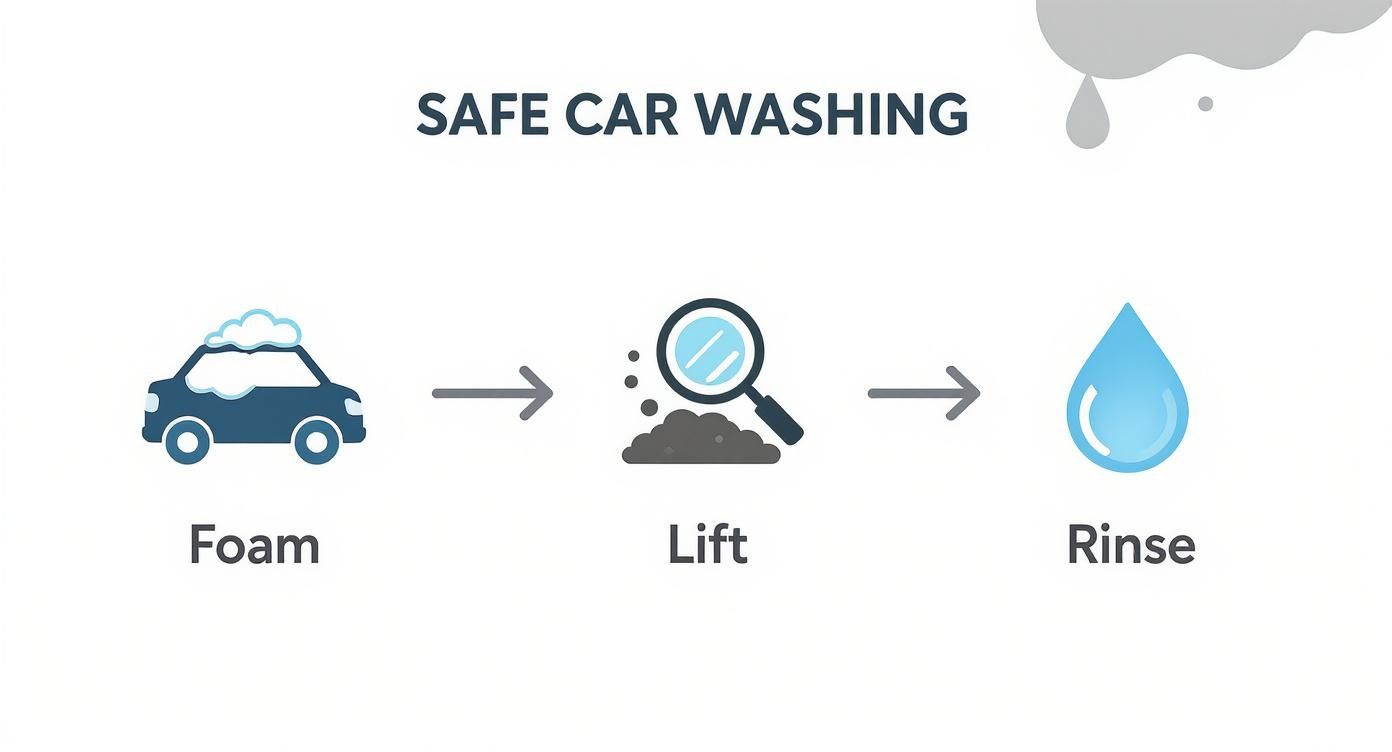 Diagram illustrating the three steps of safe car washing: applying foam, lifting dirt, and rinsing.