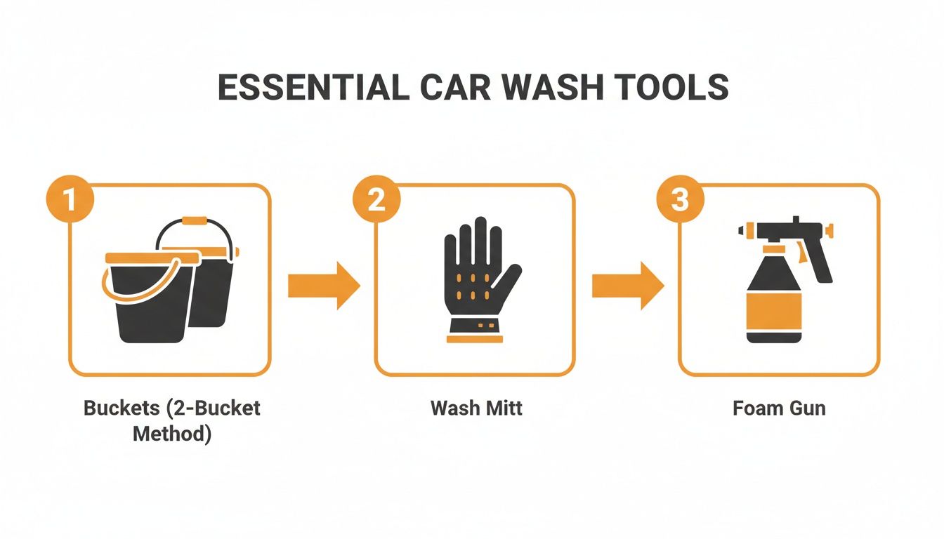 Visual guide illustrating three essential car wash tools: buckets for a 2-bucket method, a wash mitt, and a foam gun.