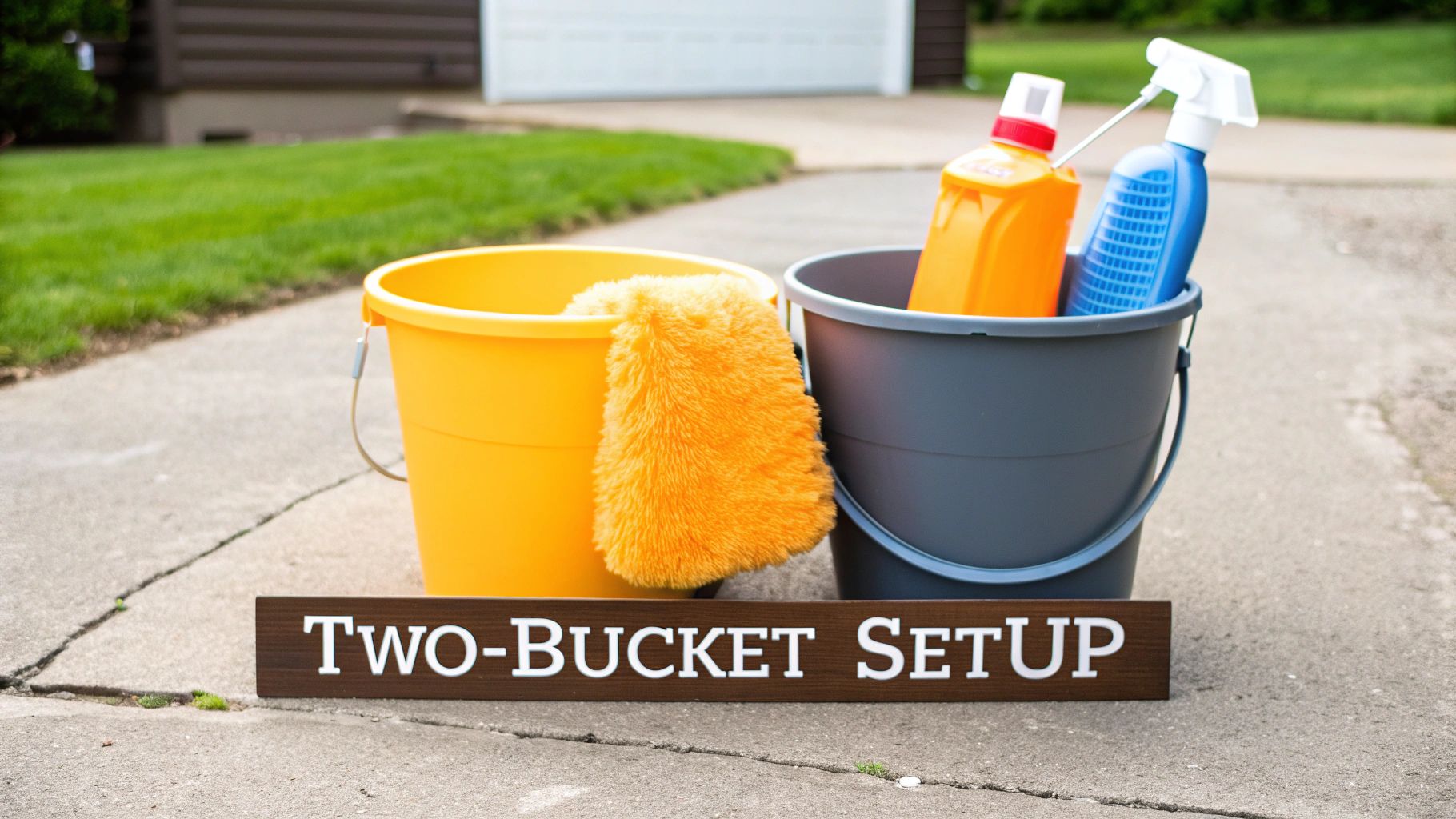 Several buckets and detailing supplies organized for a car wash.