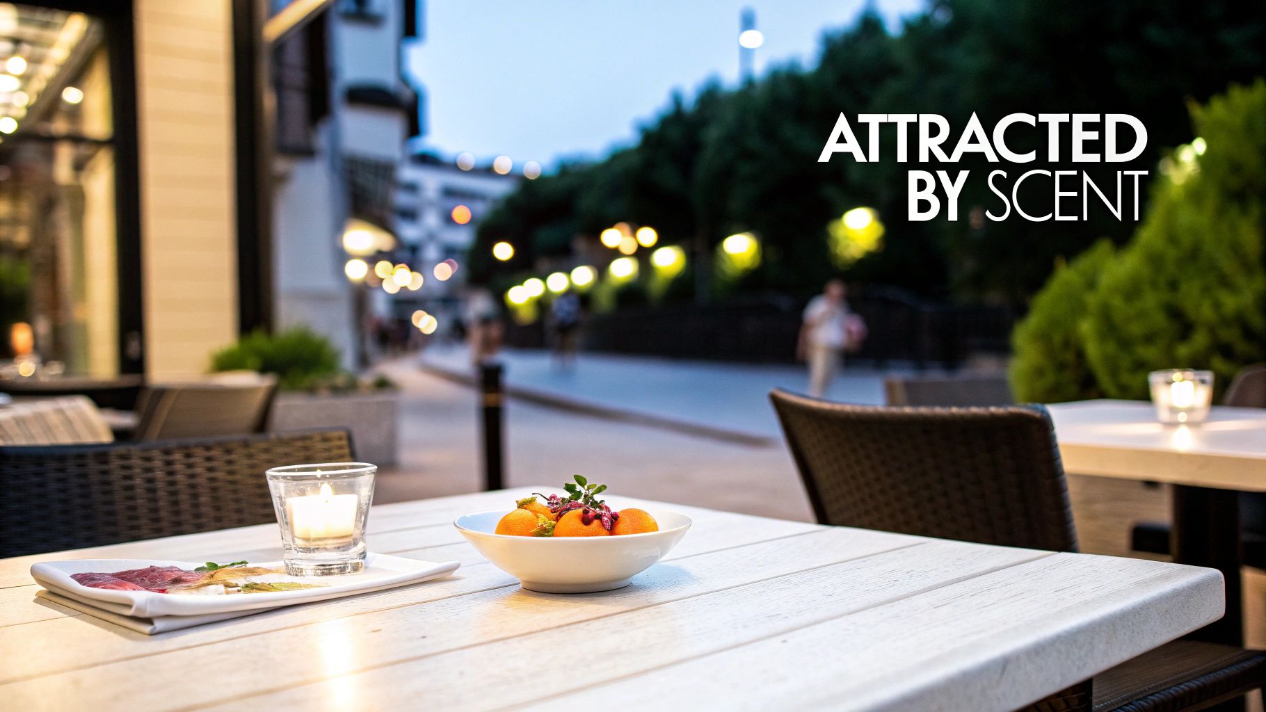 An outdoor restaurant table at night with a candle, a meat dish, and a fruit bowl. Text: Attracted by Scent.