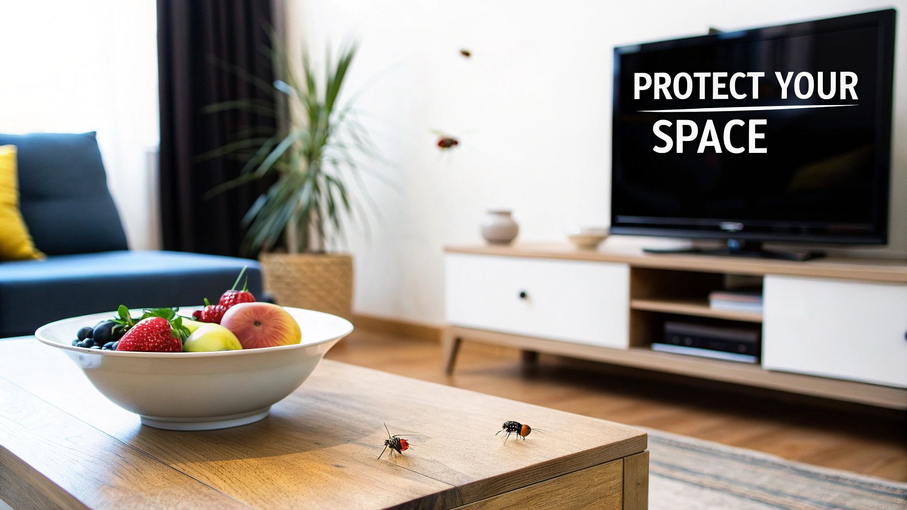 Pests, possibly fruit flies, swarm around a bowl of fresh fruit on a coffee table in a modern living room.