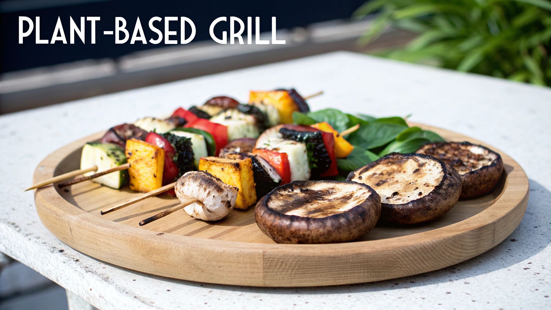 A vibrant wooden platter showcasing grilled plant-based skewers, mushrooms, and fresh greens.