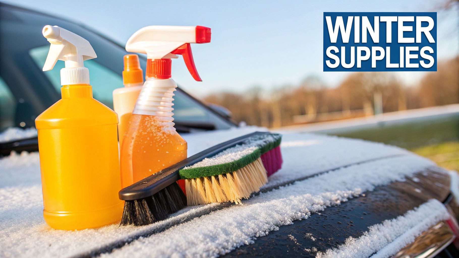 A sunbeam shines on a clean black car in a snowy, tree-lined driveway, highlighting the importance of sunlight for winter car washing.