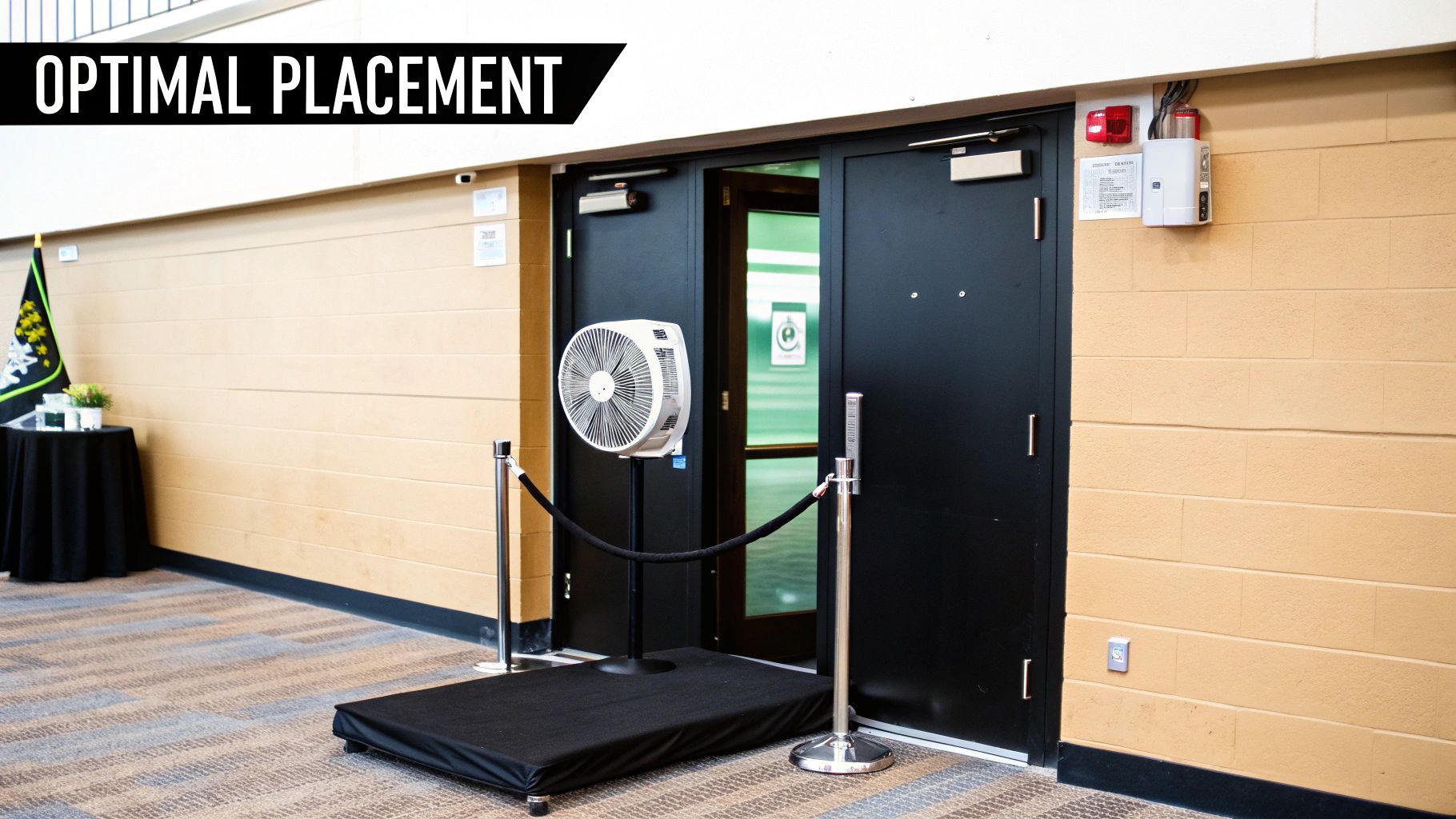 A white oscillating fan on a stand, optimally placed between stanchions with rope, near black doors.