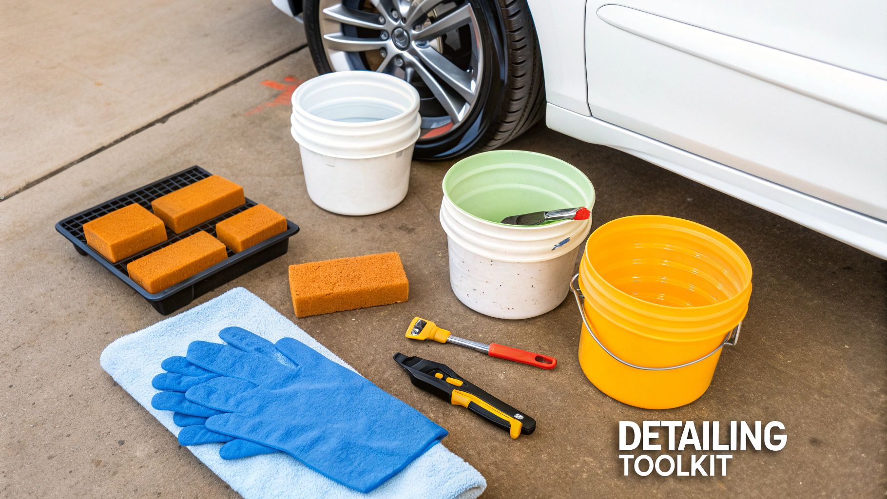 A collection of car detailing supplies including a clay bar, microfiber towels, and spray lubricant on a workbench.