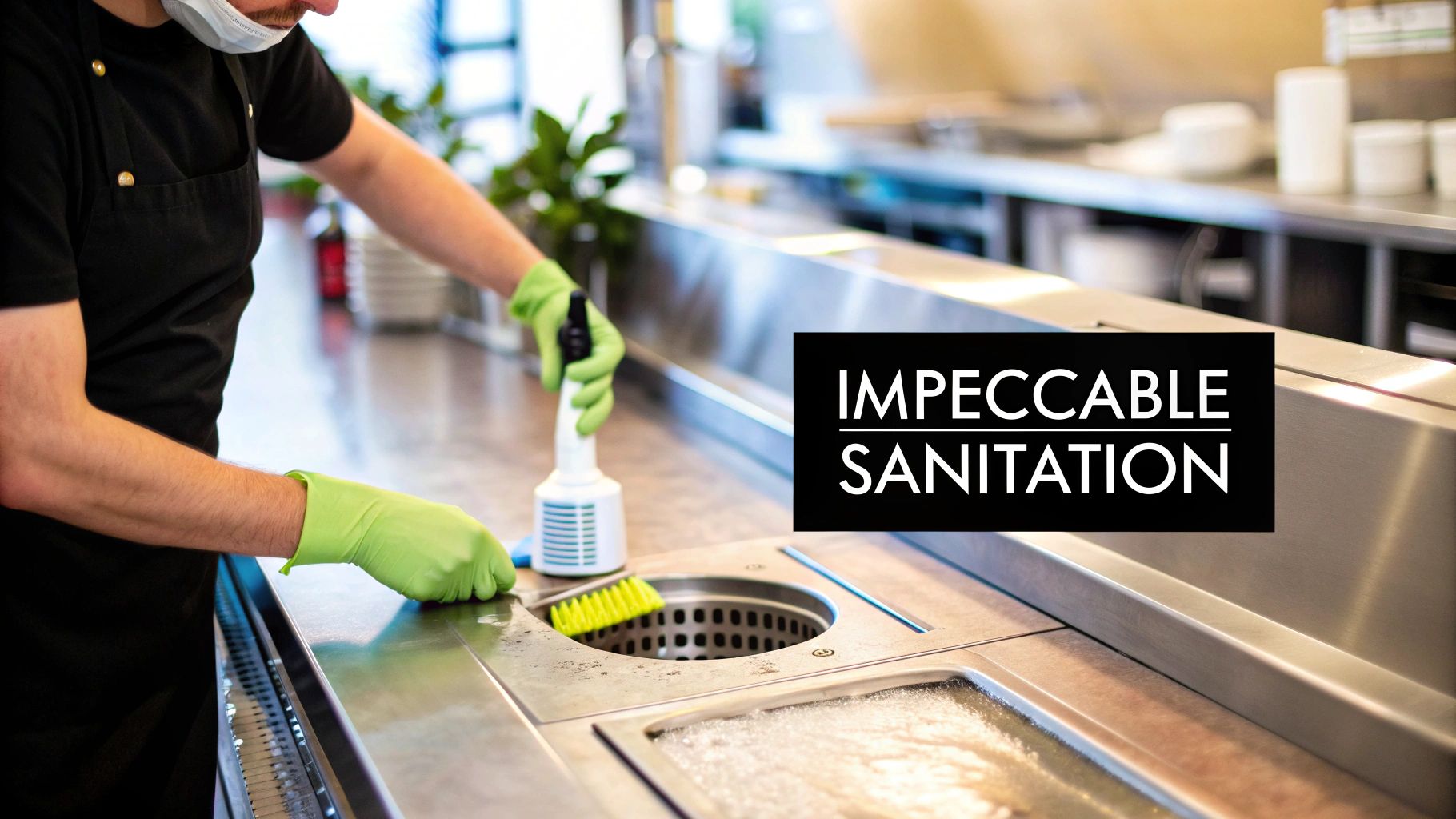 A masked worker in gloves cleans a stainless steel kitchen counter with a brush and spray, emphasizing sanitation.