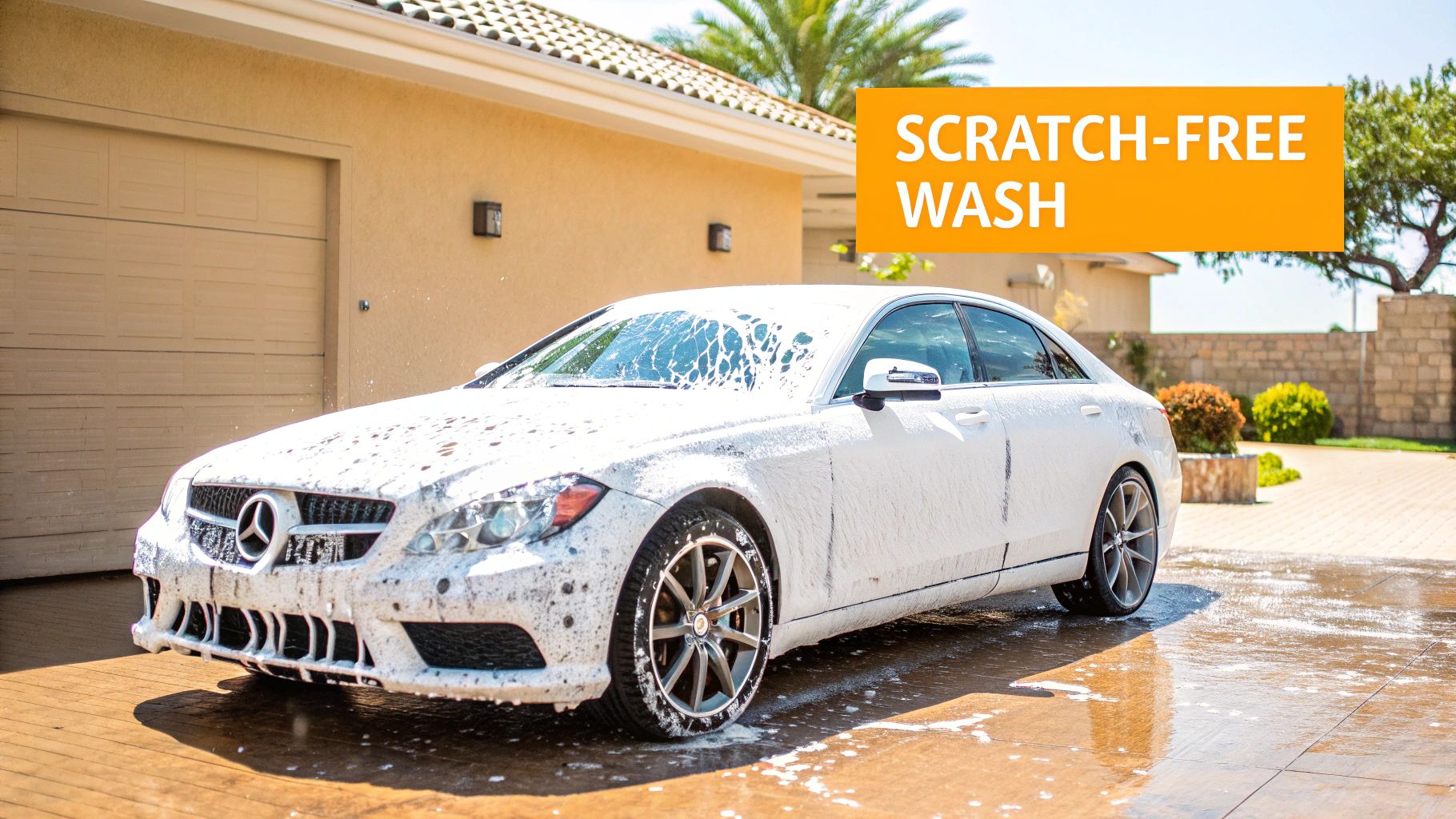 A white Mercedes-Benz sedan covered in soap foam is being washed in front of a house, with a 'Scratch-Free Wash' overlay.