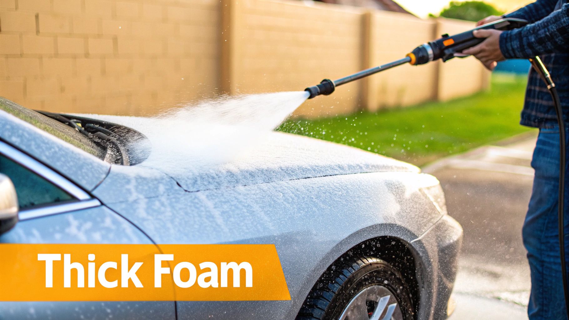 A foam cannon attached to a garden hose, spraying thick white foam onto a car's surface.