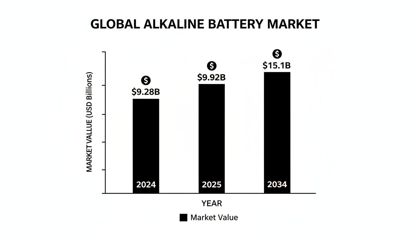 Global alkaline battery market value forecast, showing growth from $9.28B in 2024 to $15.1B in 2034.