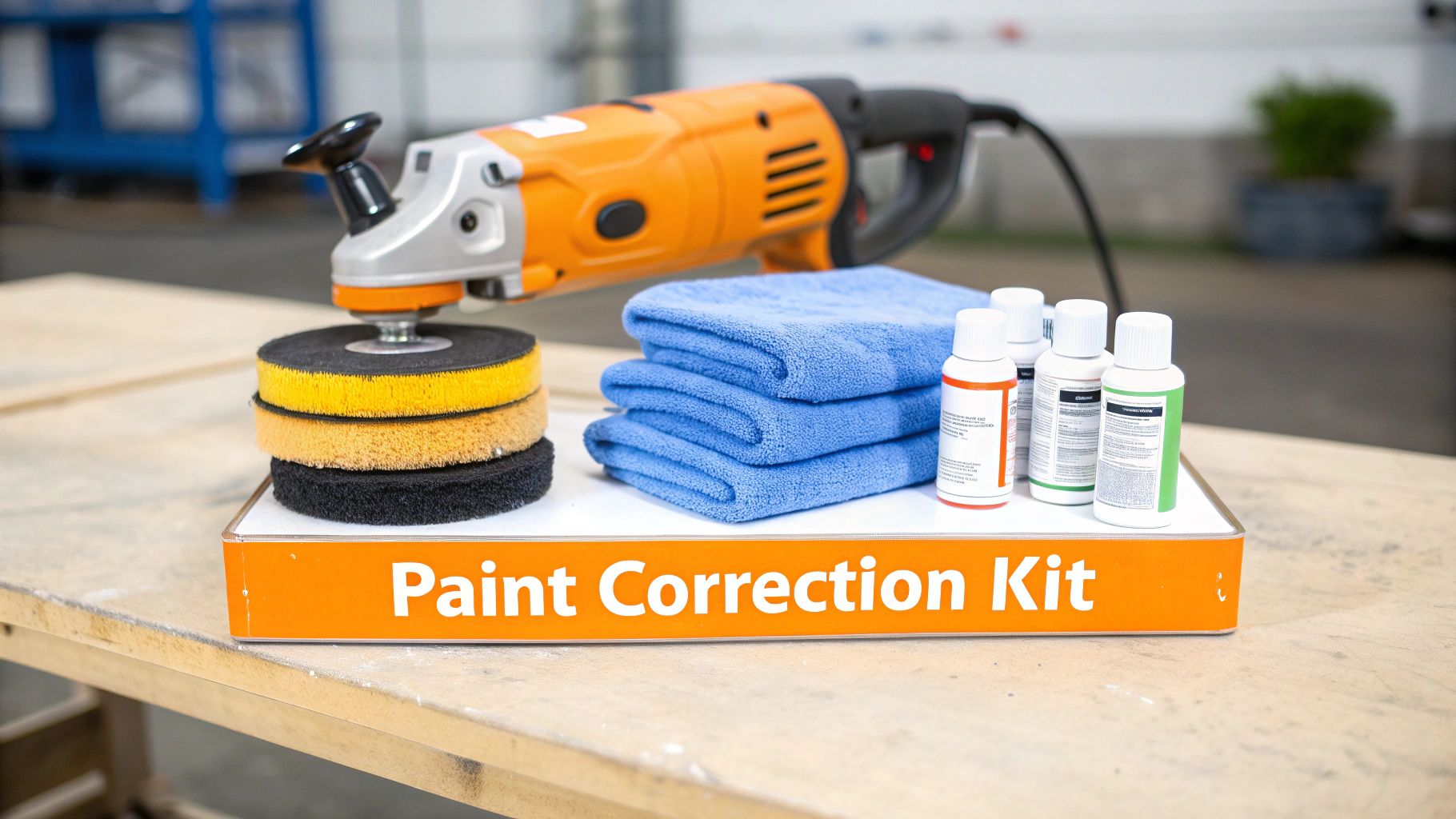 A collection of car detailing tools including a polisher, various colored pads, bottles of compound, and microfiber towels arranged on a workbench.