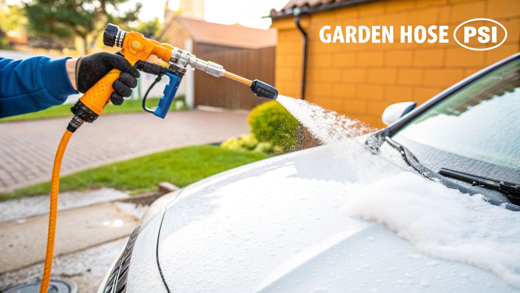 A person in a black glove uses an orange garden hose spray gun to apply foam to a white car.