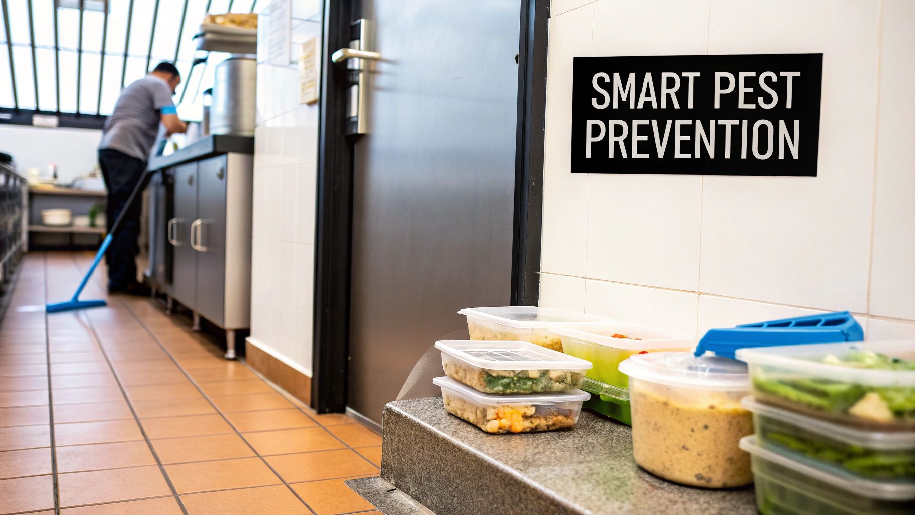 A man mops a commercial kitchen floor near food containers and a 'Smart Pest Prevention' sign.