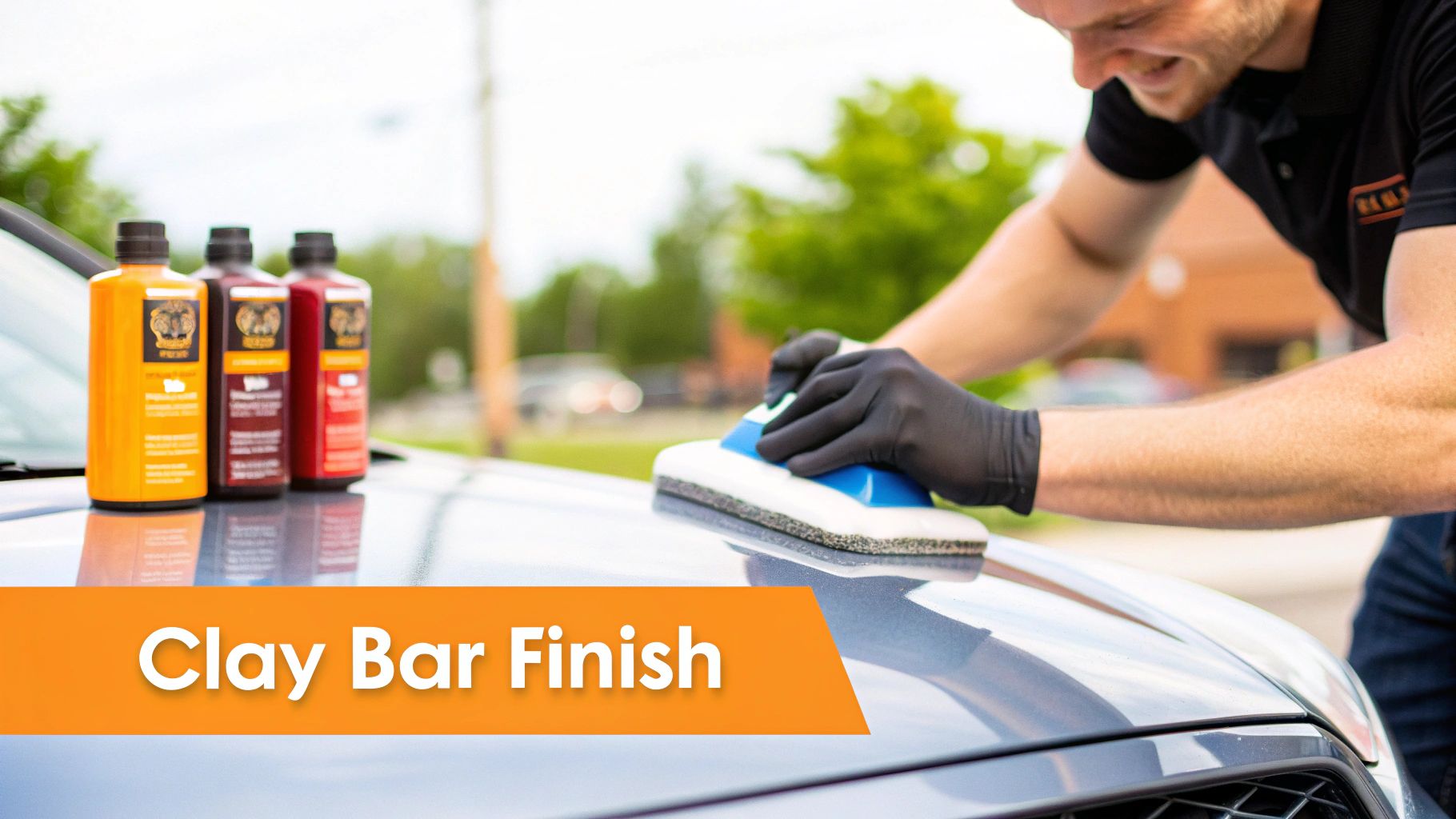 A gloved hand using a microfiber cloth to apply a commercial sap remover to a car's surface.