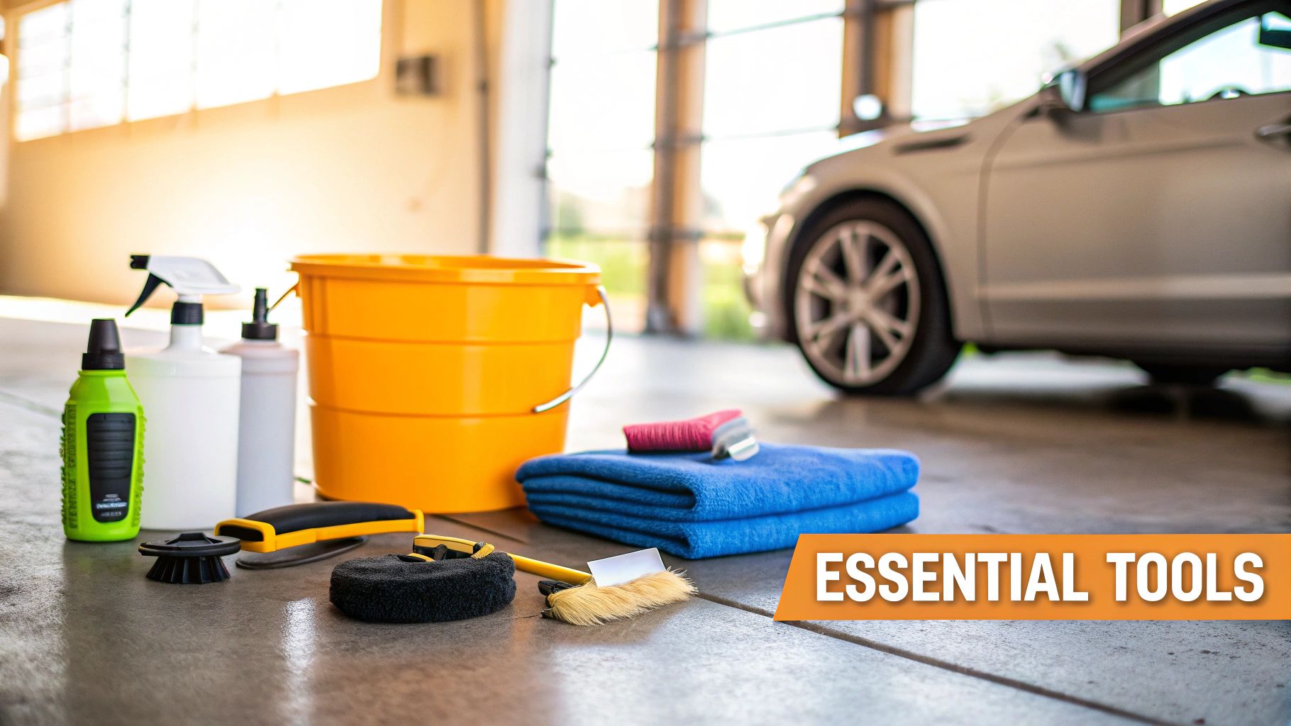 A collection of essential car detailing tools including buckets, spray bottles, brushes, and towels.