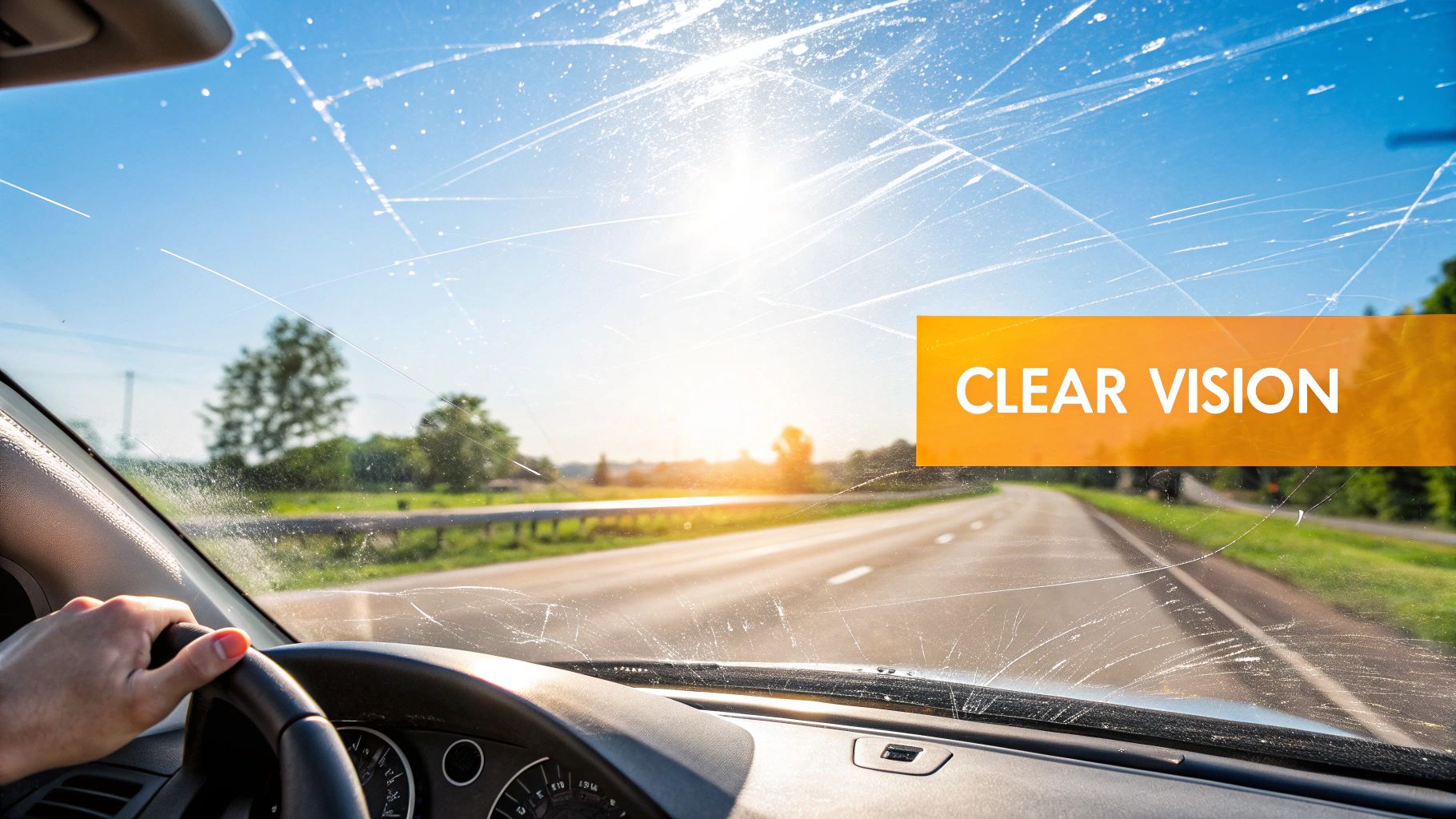 A person cleaning the inside of a car's windshield with a microfiber towel.