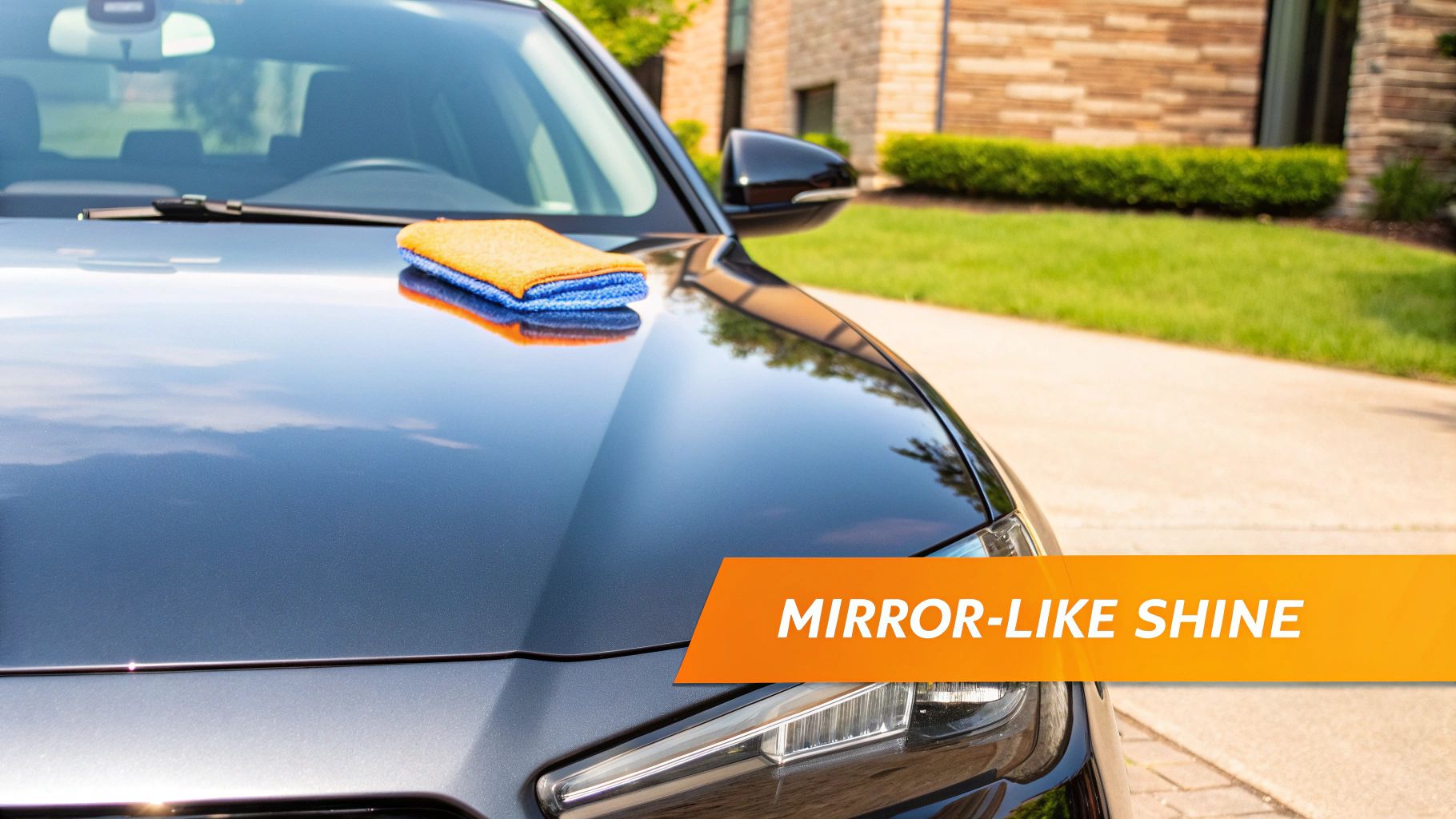 Close-up of a dark grey car's hood with a microfiber towel, showing a mirror-like shine.