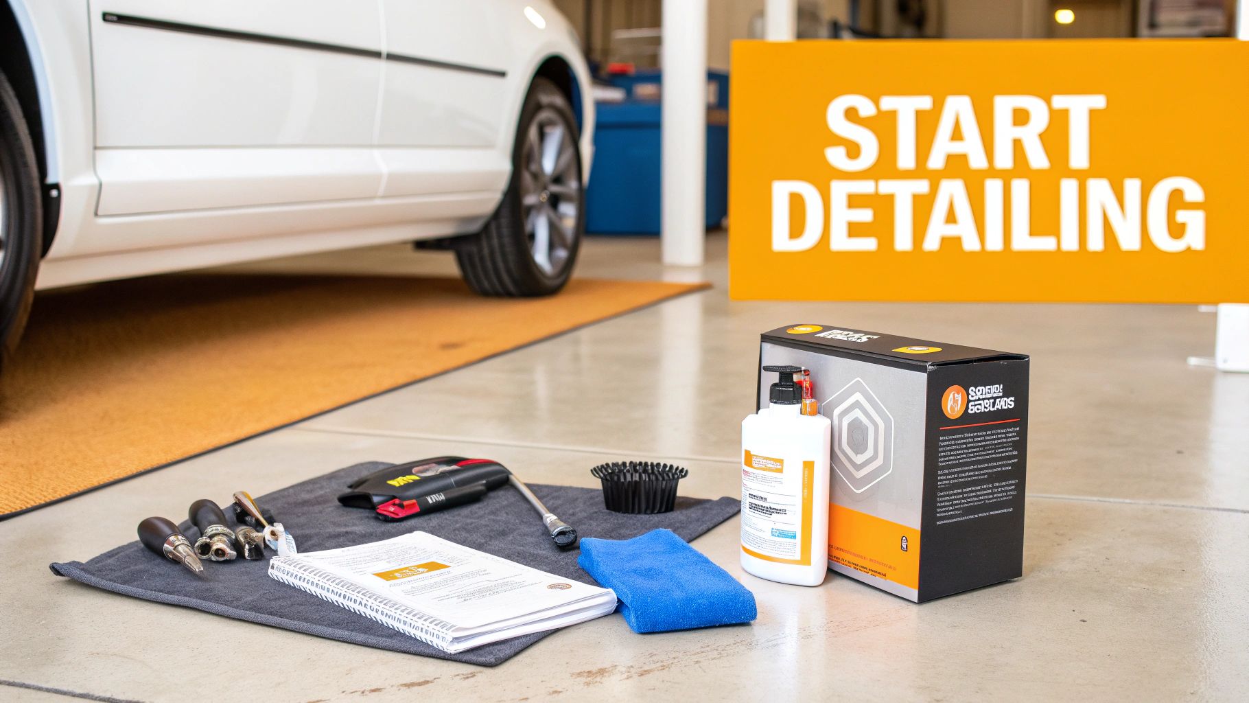 A person using a detailing tool on a car's surface