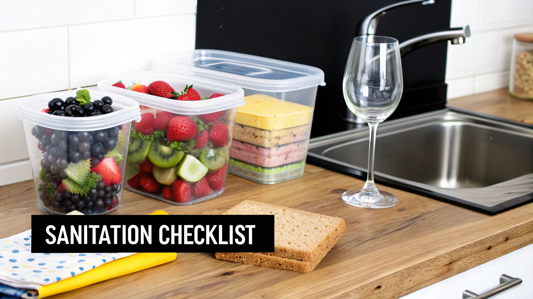 Kitchen counter with clear containers of fresh fruit, layered dessert, bread, and a wine glass.