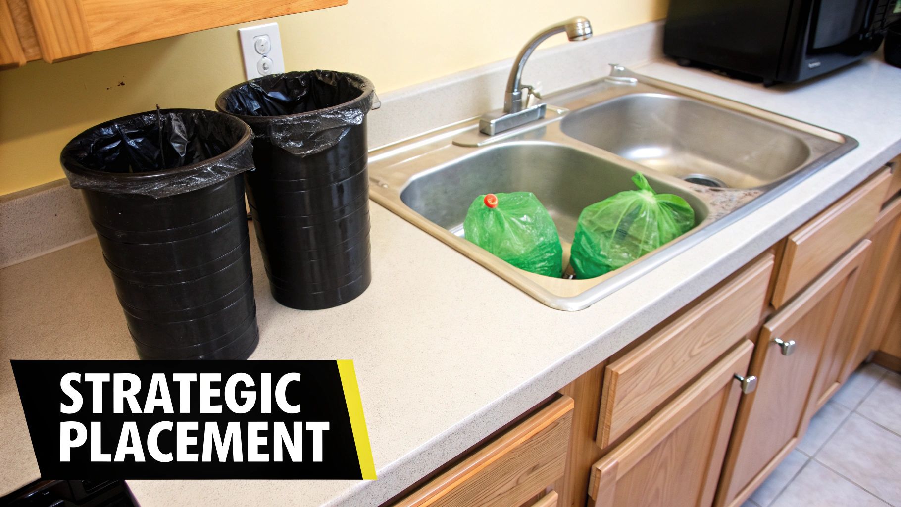 Two black trash bins and green bags in a double kitchen sink on a light-colored counter.
