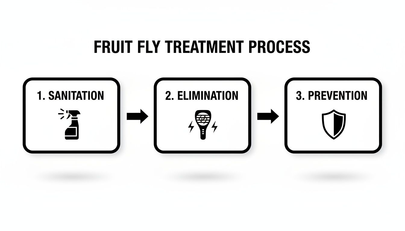 A three-step fruit fly treatment process diagram: sanitation, elimination with a zapper, and prevention with a shield.