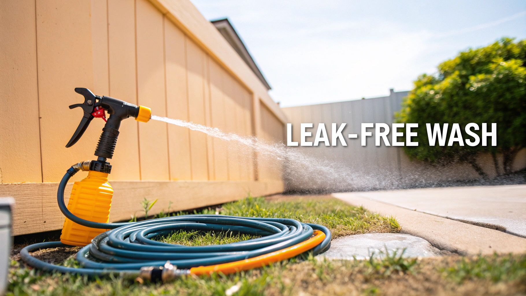 A spray gun attached to a yellow dispenser and blue hose, spraying water on a green lawn.