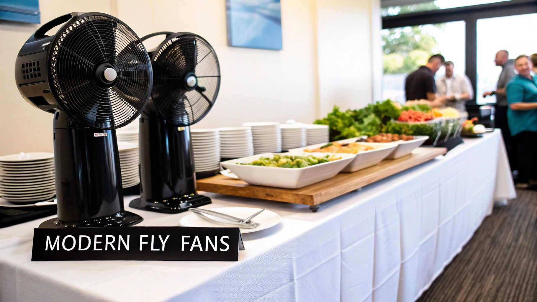 Two black modern fly fans are positioned on a buffet table with various food dishes.