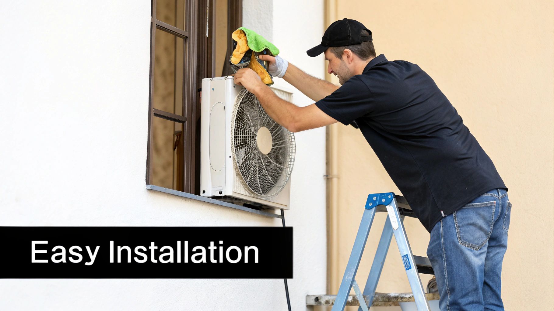 An over door fly fan installed neatly above a commercial glass door.