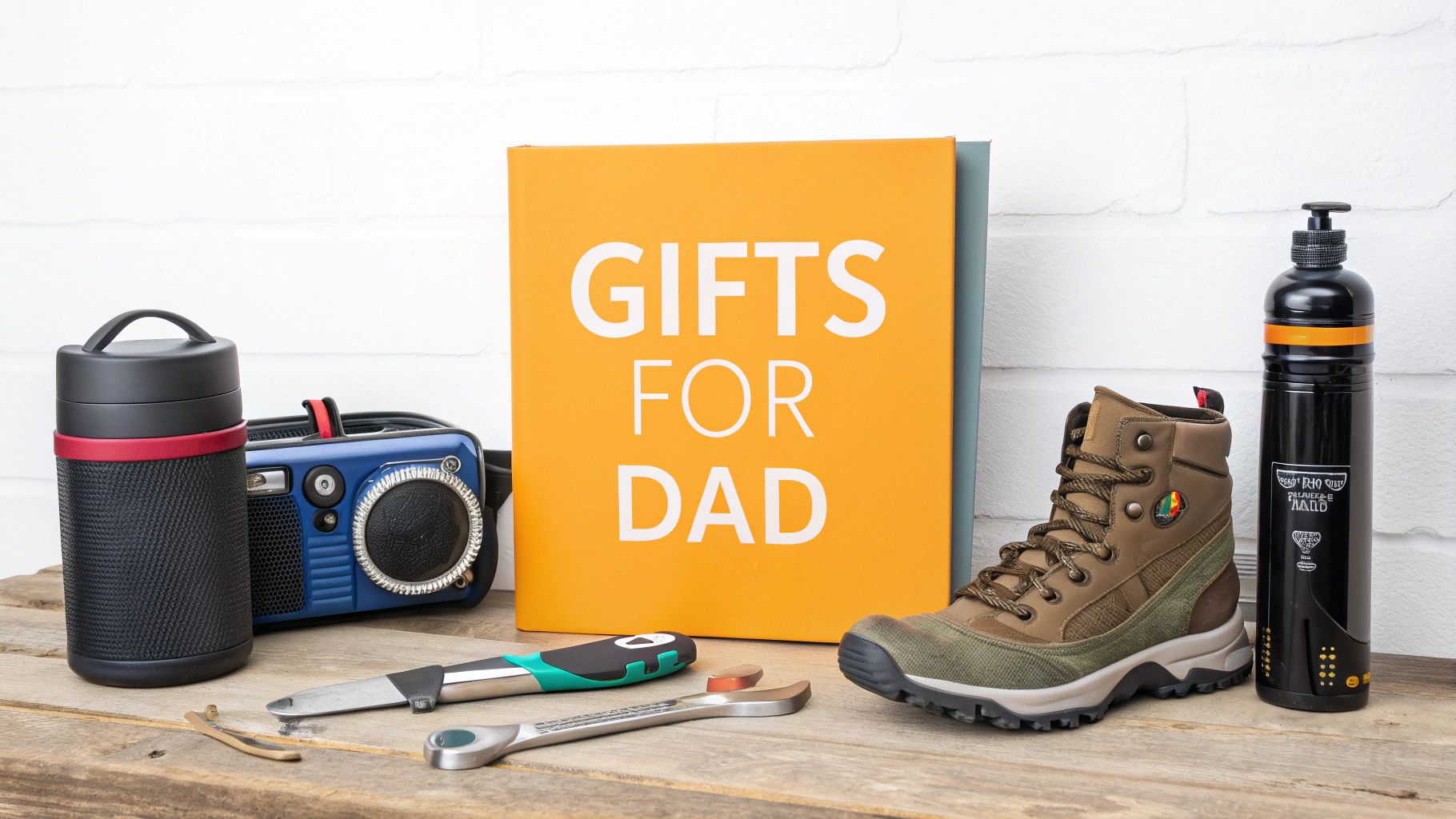 A diverse collection of Father's Day gifts, including tech gadgets, outdoor gear, and tools.