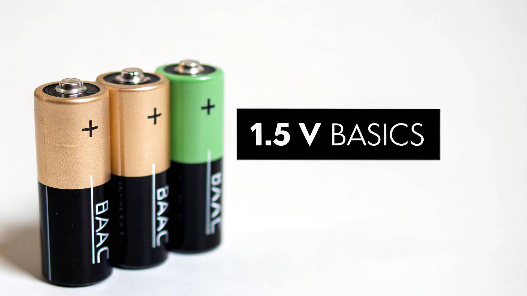 Three 1.5V batteries in gold and green on a white surface, next to a '1.5 V BASICS' text box.
