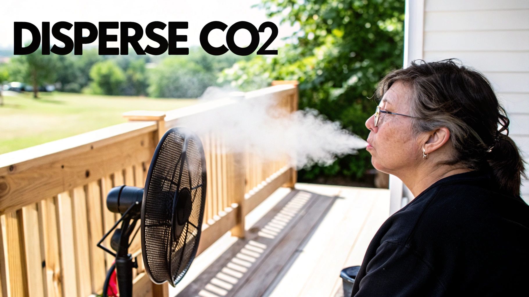 A person relaxing on a comfortable patio chair with a powerful outdoor fan blowing a gentle breeze, keeping the area mosquito-free.