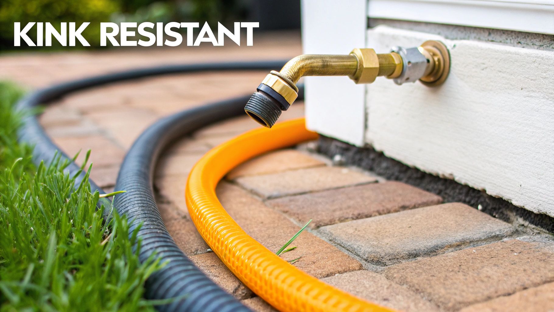 Two kink resistant garden hoses, one black and one orange, lie on brick pavers with a brass spigot.